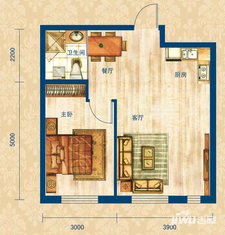 玖诚领域1室2厅1卫60.3㎡户型图