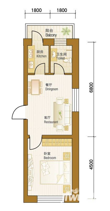 阳光御景1室2厅1卫52㎡户型图