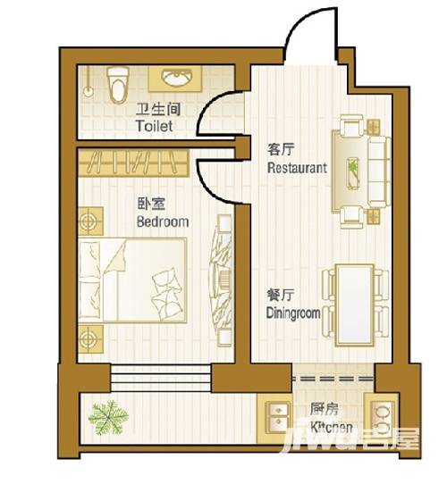 阳光御景1室2厅1卫44.5㎡户型图