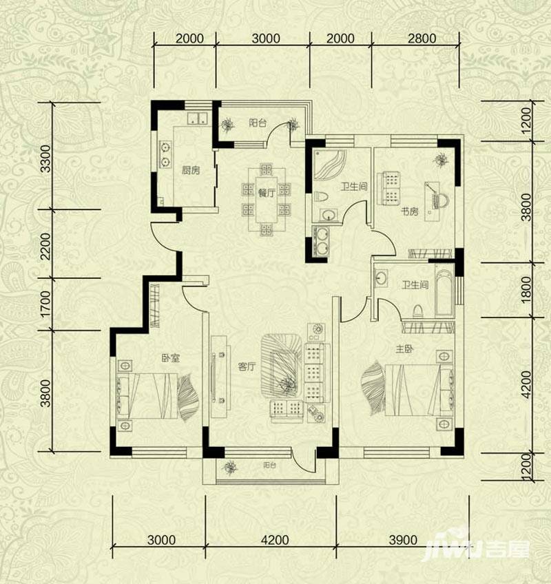 鼎惠华庭3室2厅2卫131.7㎡户型图