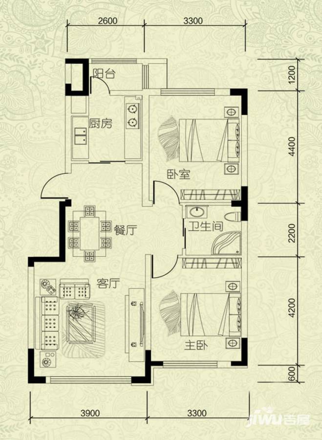 鼎惠华庭2室2厅1卫88㎡户型图