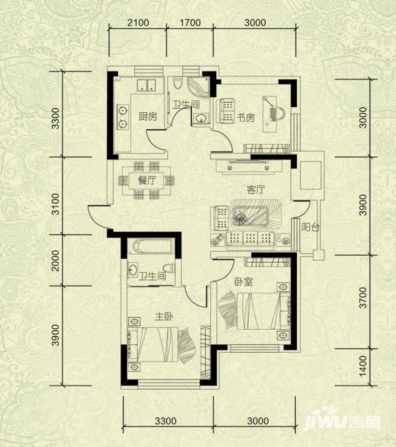 鼎惠华庭2室2厅2卫95.1㎡户型图