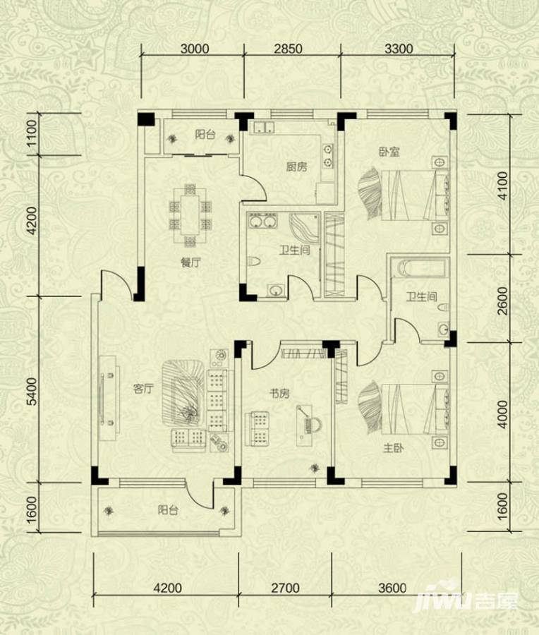 鼎惠华庭3室2厅2卫123.1㎡户型图