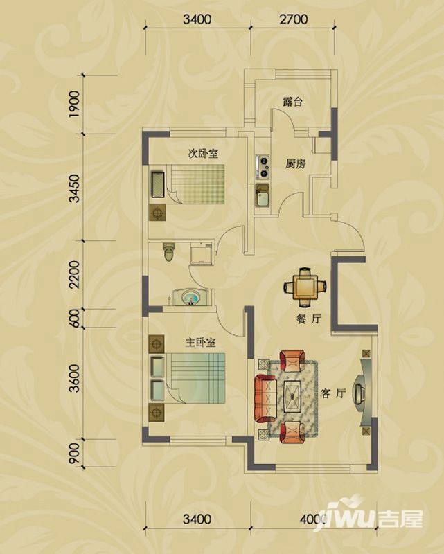 观澜湖别墅2室2厅1卫90㎡户型图