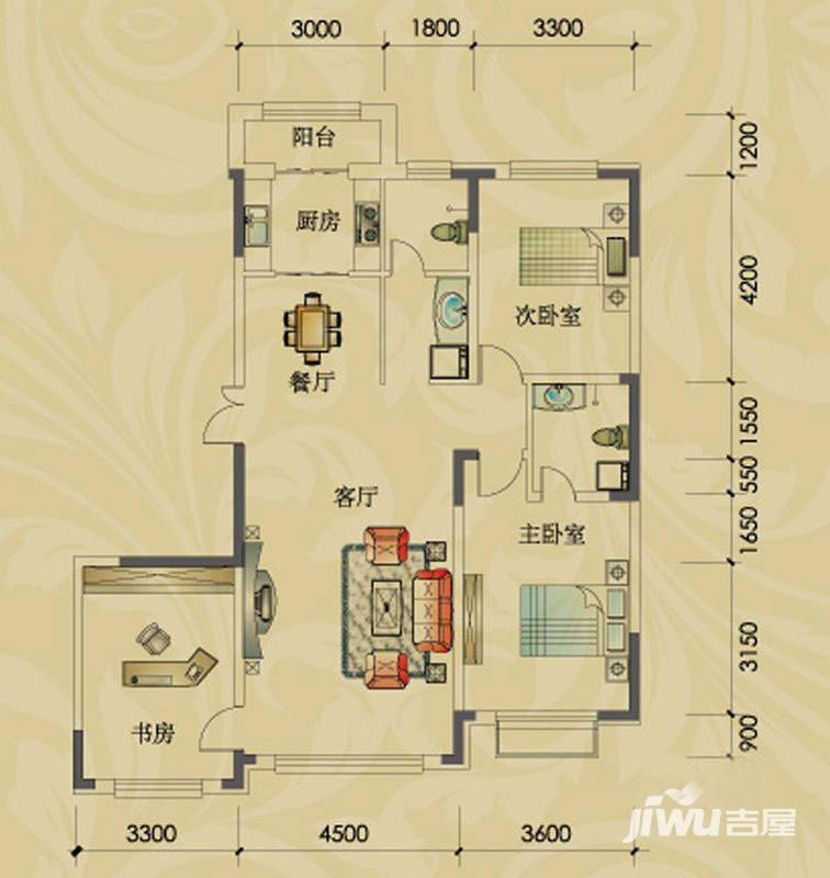 观澜湖别墅3室2厅1卫132㎡户型图