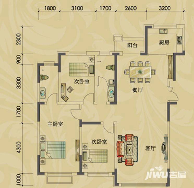 观澜湖别墅3室2厅2卫153㎡户型图