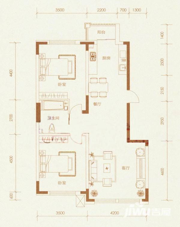 观澜湖别墅2室2厅1卫104㎡户型图