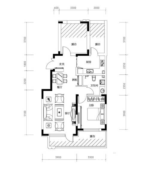 棠棣2室2厅1卫89.9㎡户型图