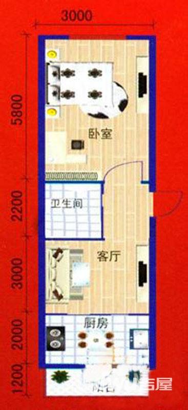 美景天城1室1厅1卫54.1㎡户型图