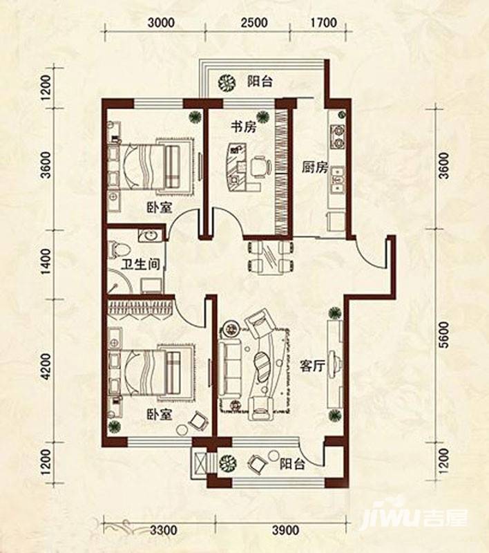 天润中华城3室2厅1卫93.3㎡户型图