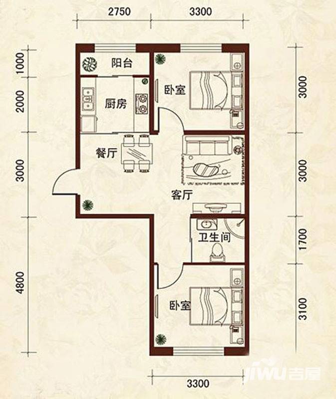 天润中华城2室2厅1卫59.7㎡户型图