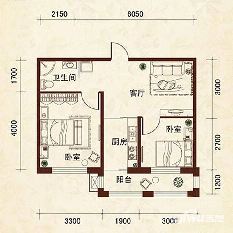 天润中华城2室1厅1卫60.9㎡户型图