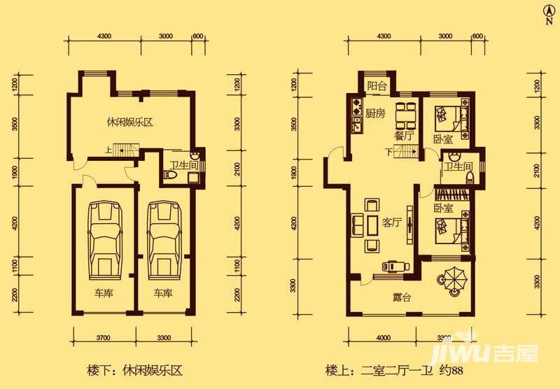 伟业星城2室2厅1卫91㎡户型图