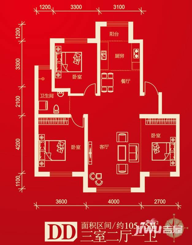 伟业星城3室2厅1卫105.8㎡户型图