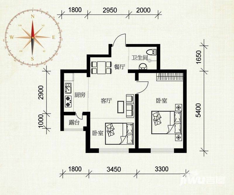 伟业星城2室1厅1卫65.3㎡户型图