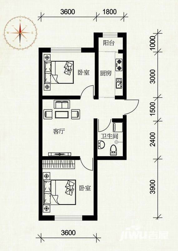 伟业星城2室1厅1卫70.3㎡户型图