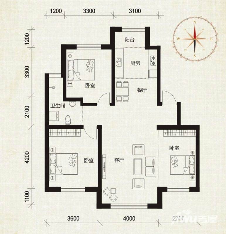 伟业星城3室2厅1卫105.8㎡户型图