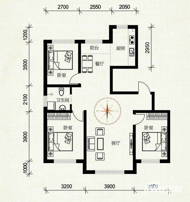 伟业星城3室2厅1卫106.2㎡户型图