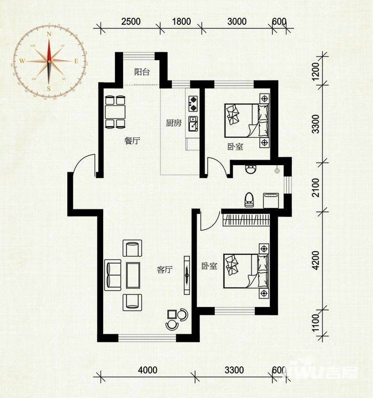 伟业星城2室1厅1卫92.6㎡户型图