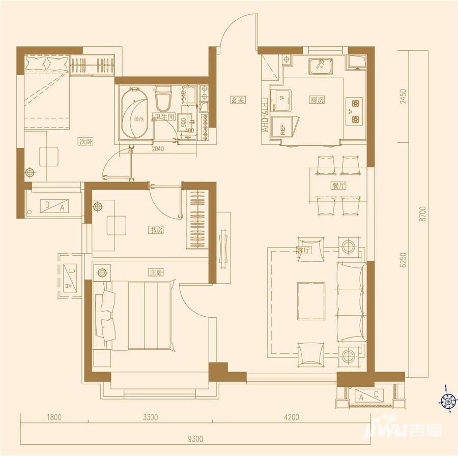 鸿坤原乡郡3室2厅1卫91㎡户型图