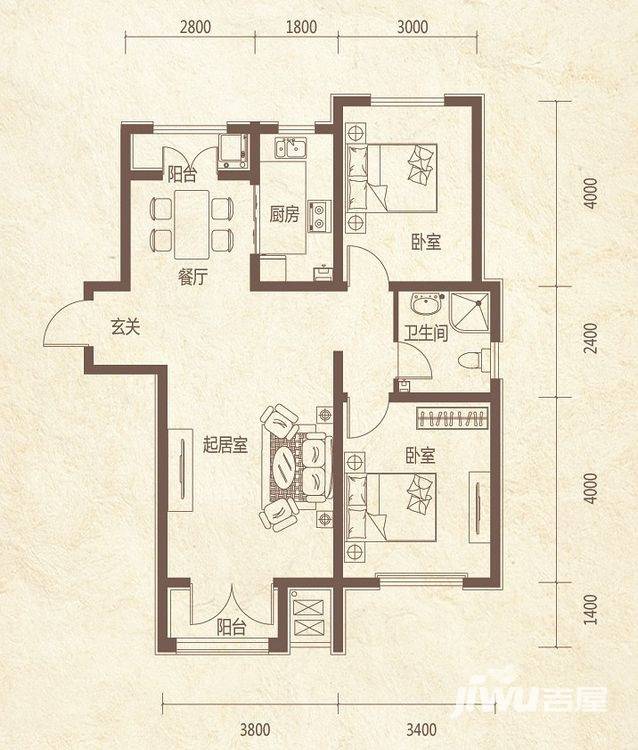 泽信金汇湾2室2厅1卫100㎡户型图