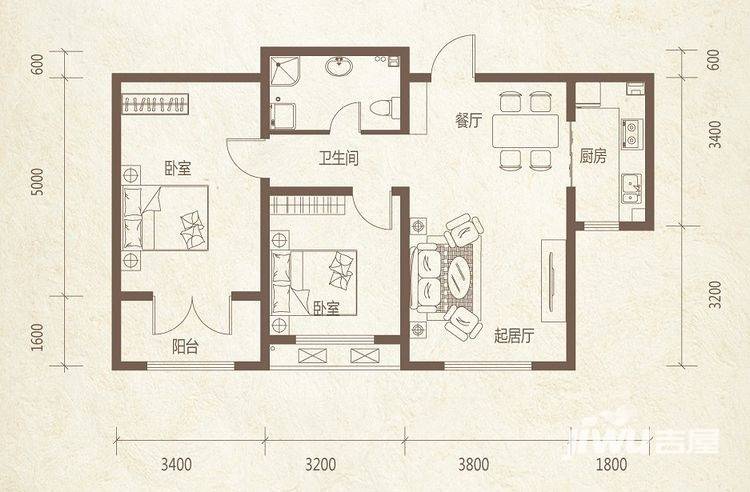 泽信金汇湾2室2厅1卫94㎡户型图