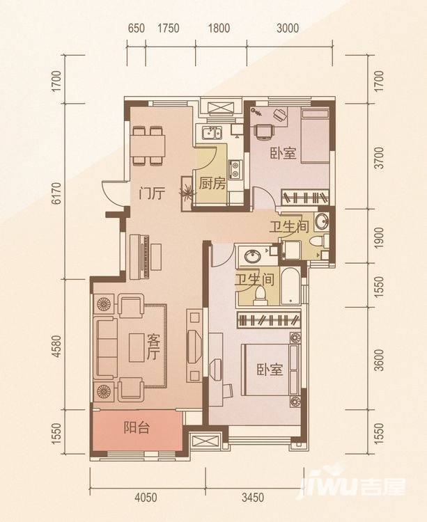 天鹅湖1号2室2厅2卫101㎡户型图