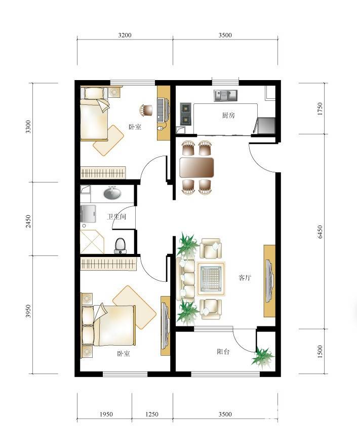 龙湾城2室2厅1卫85㎡户型图