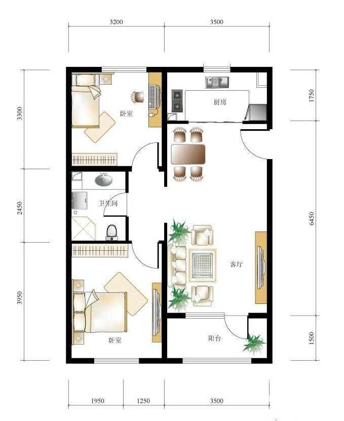 龙湾城2室2厅1卫81㎡户型图