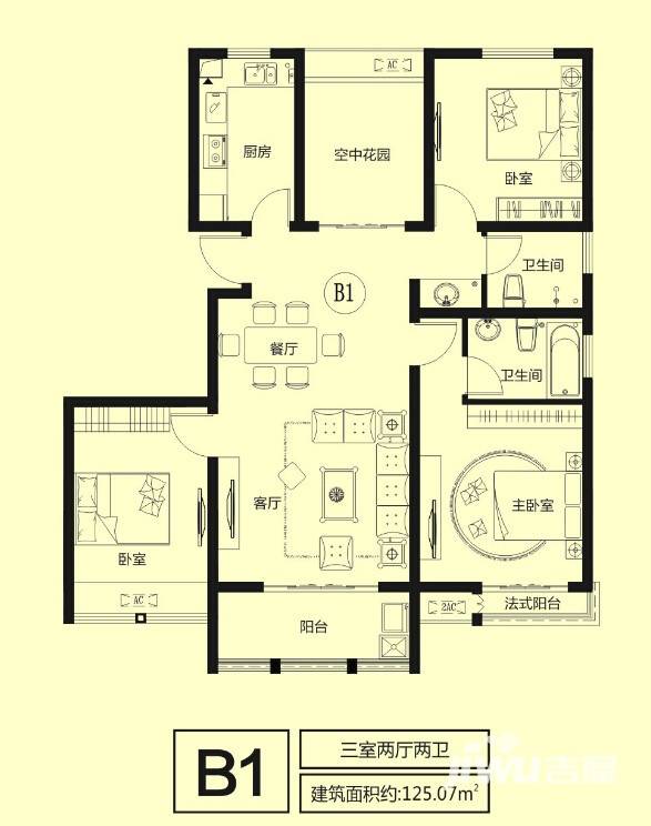 湾景国际3室2厅2卫125.1㎡户型图