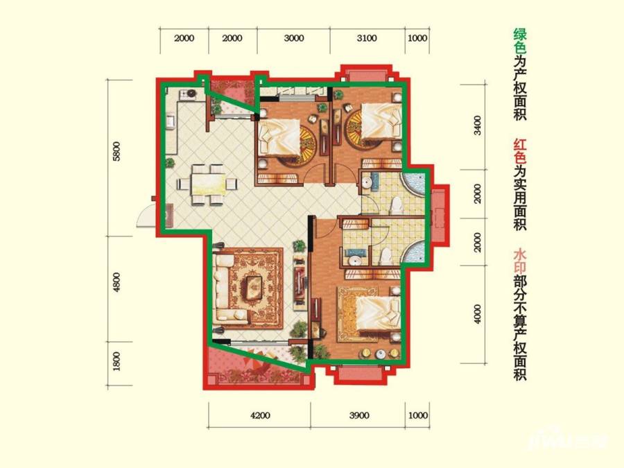 达观天下3室2厅2卫127.3㎡户型图