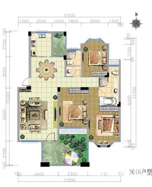 南天阳光3室2厅2卫户型图