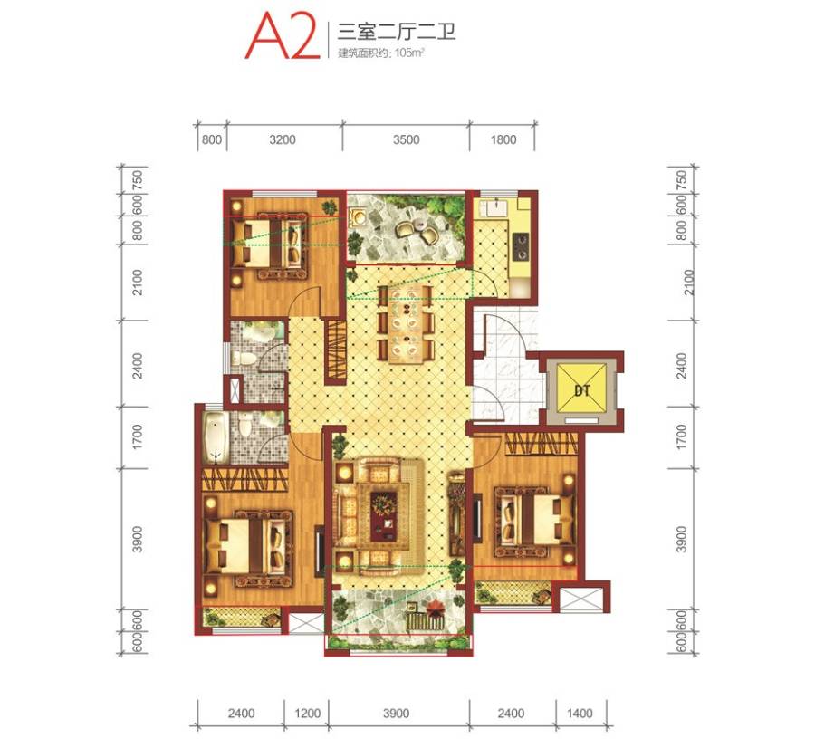 中国铁建青秀城3室2厅2卫105㎡户型图