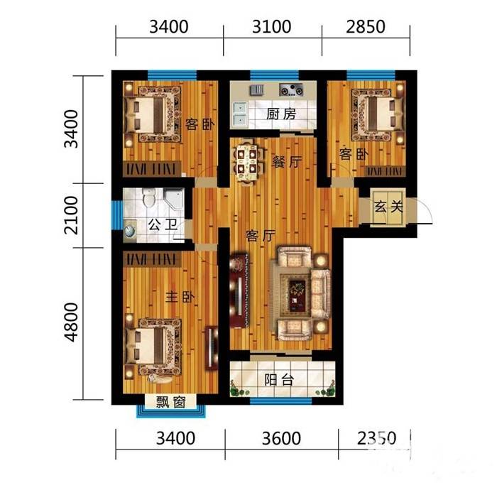 海都国际广场3室2厅1卫102㎡户型图