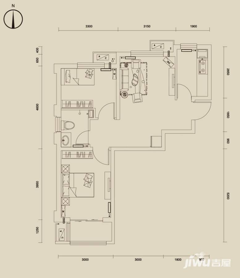 唐诗里2室1厅1卫71.5㎡户型图