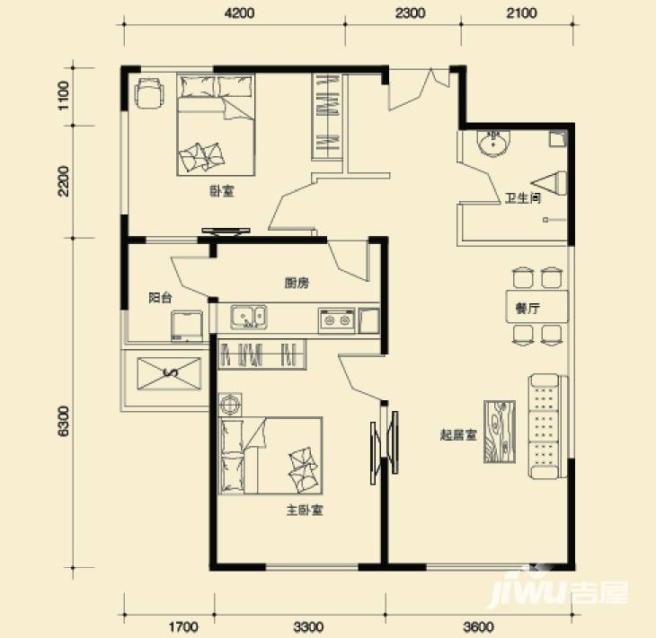 电建地产首郡2室2厅1卫88㎡户型图