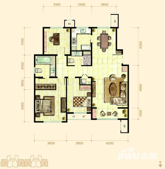 橡树湾户型图 h三南向三居131平米 131㎡