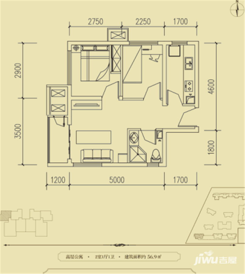 启新18892室1厅1卫56.9㎡户型图