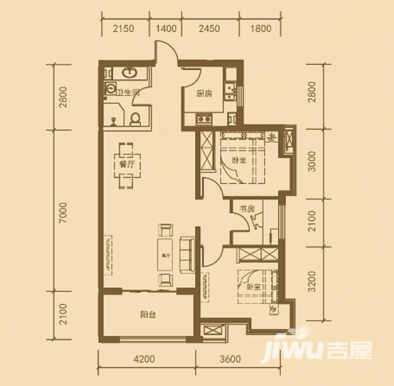 启新18893室2厅1卫106.4㎡户型图