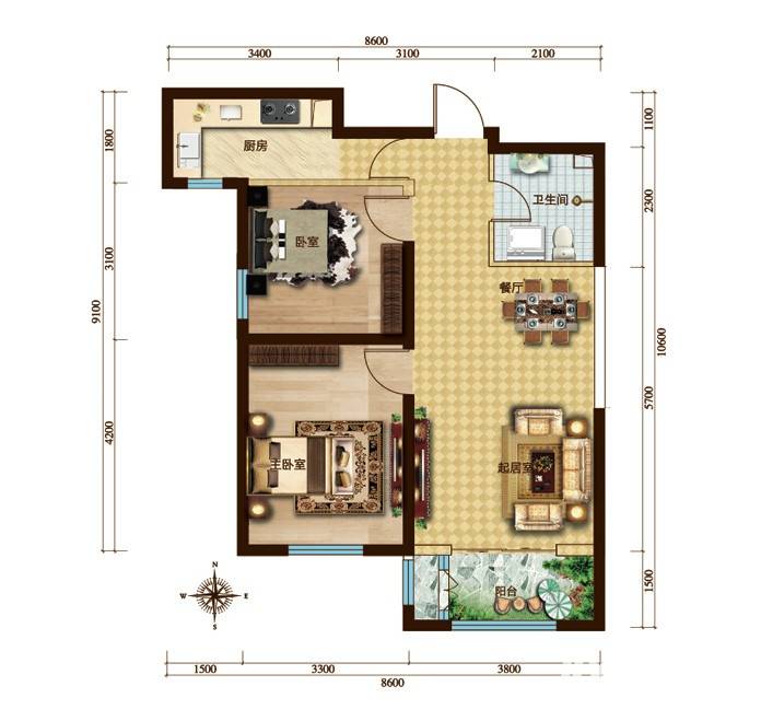 电建地产首郡2室2厅1卫88㎡户型图