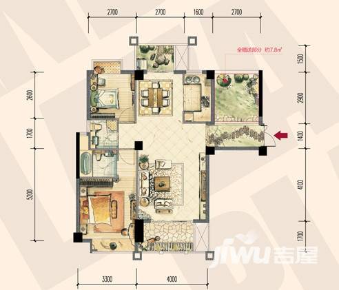 万宝广场2室2厅2卫89.3㎡户型图