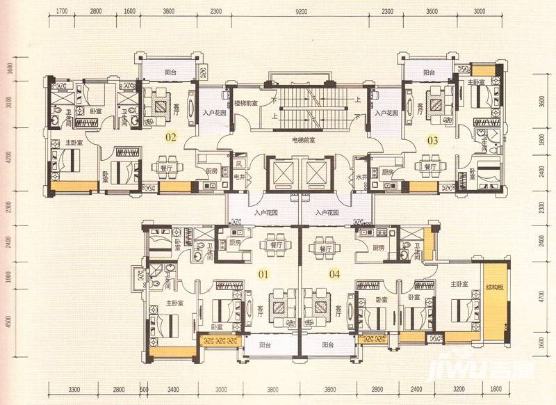 优越香格里户型图 4栋1—4户型两梯四户78—110平米