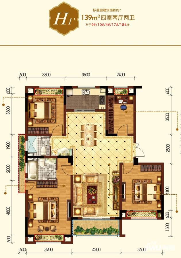 淮矿馥邦天下4室2厅2卫139㎡户型图