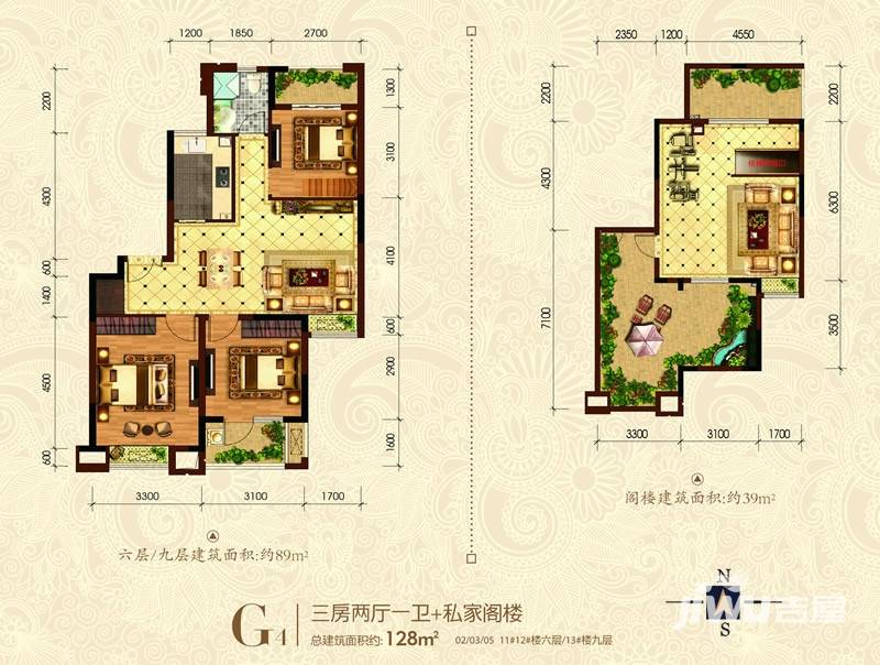 淮矿馥邦天下3室2厅1卫128㎡户型图