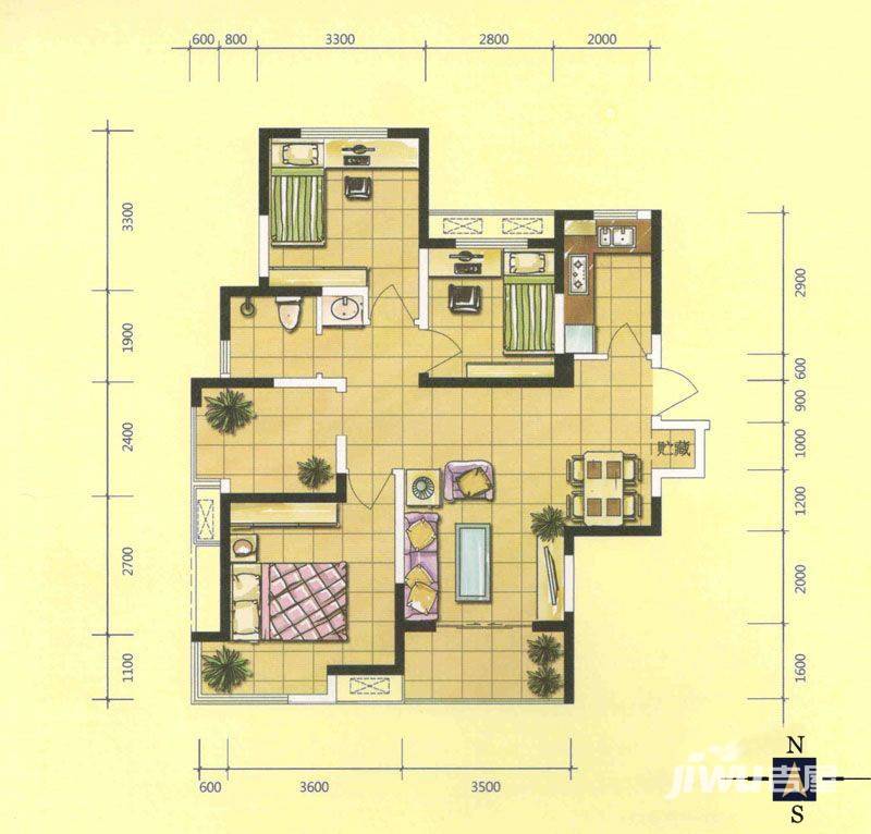 水丽坊自在城3室2厅1卫108㎡户型图