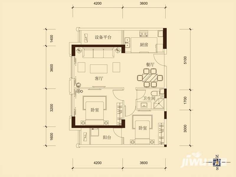 金色梧桐2室2厅1卫88㎡户型图