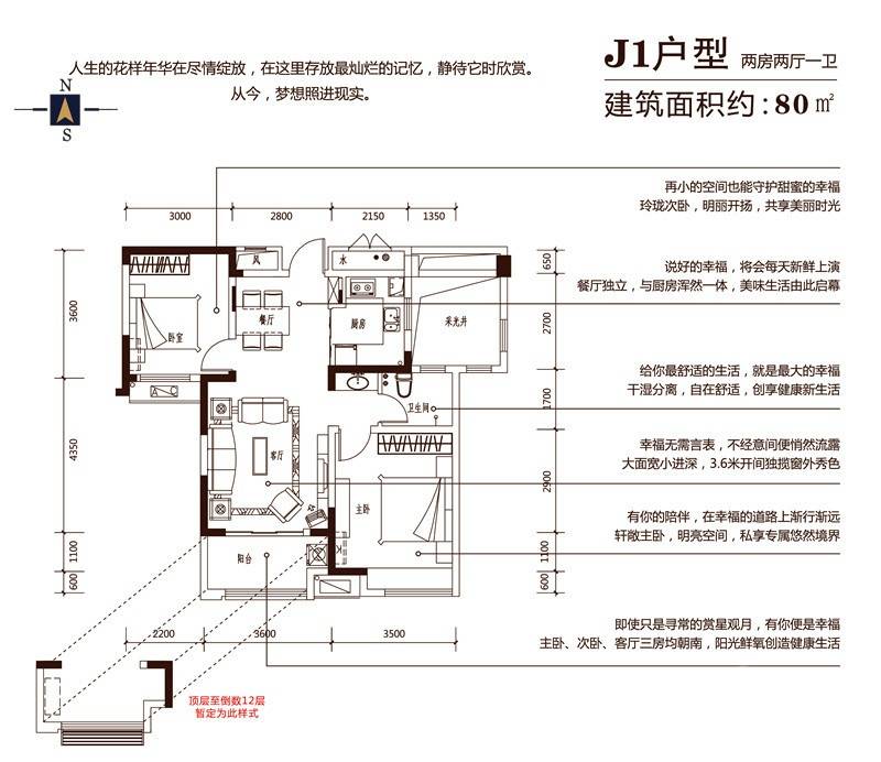 华润橡树湾2室2厅1卫80㎡户型图