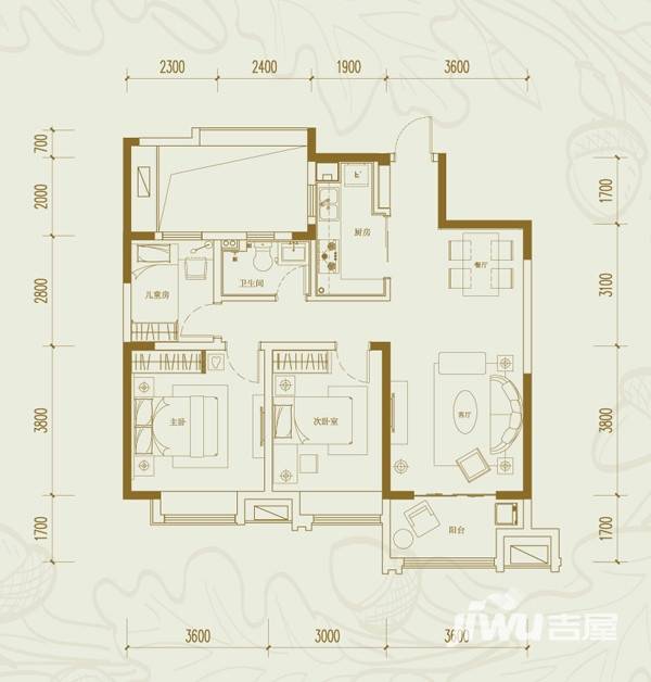 华润橡树湾3室2厅1卫95㎡户型图