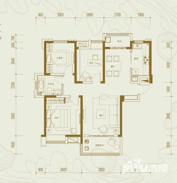 华润橡树湾3室2厅1卫107㎡户型图