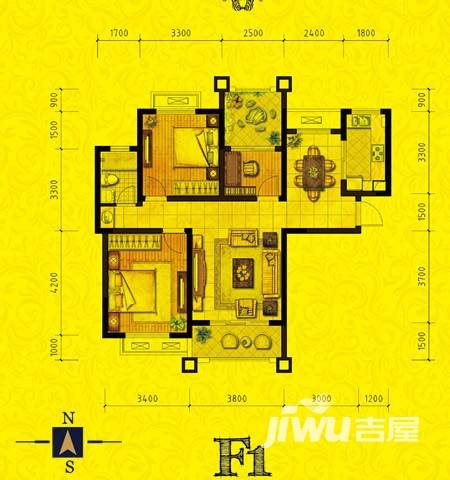 恒盛皇家花园3室2厅1卫104㎡户型图